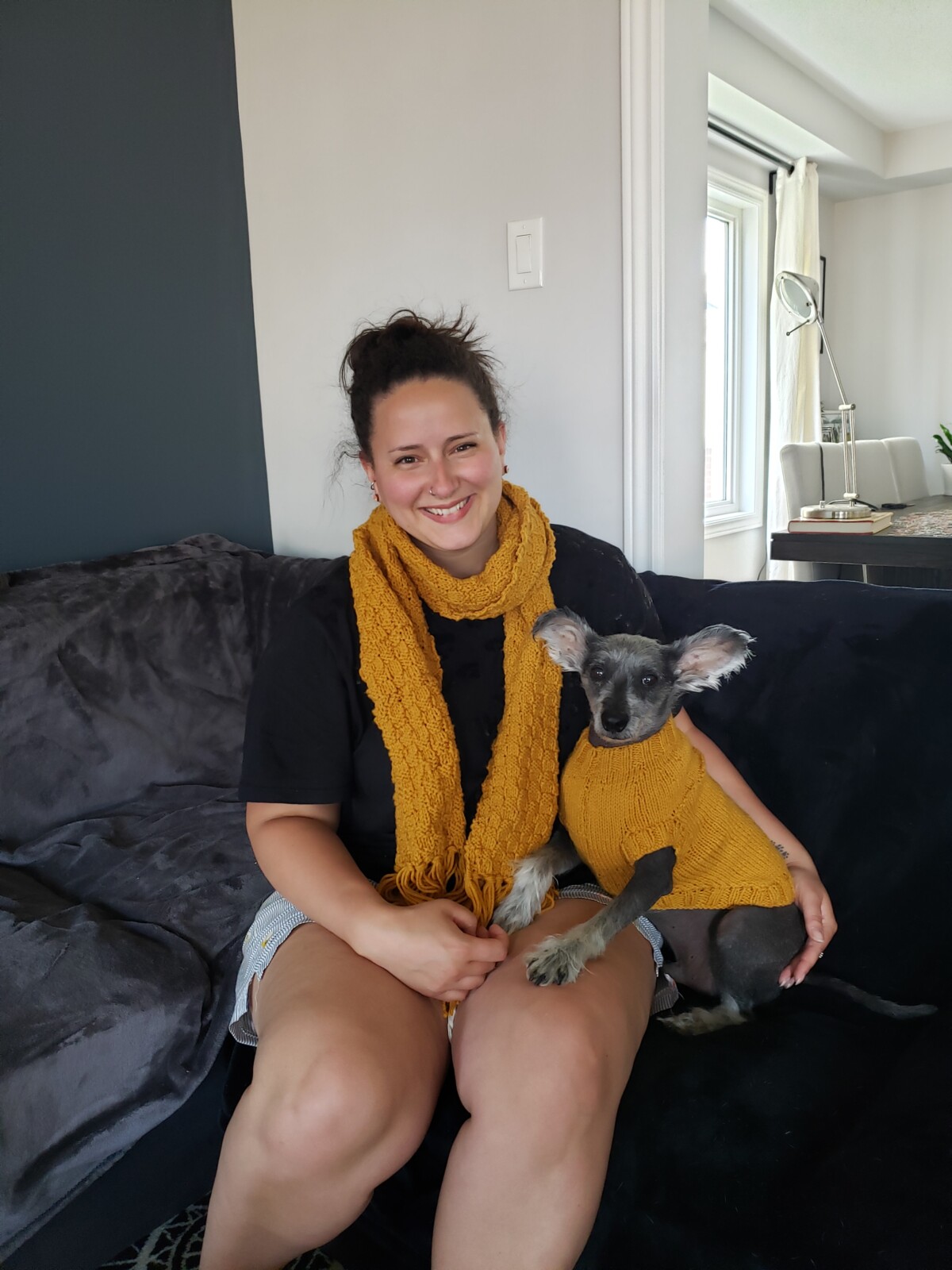 Lennon and I in matching sweater scarf combo that I knit